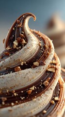 A close-up of a creamy ice cream swirl with chocolate drizzle and chopped nuts, captured in natural lighting.