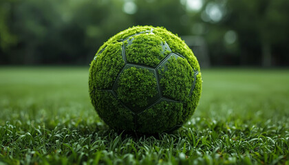 Fototapeta premium World Cup: A green soccer ball covered in grass sits on a lush green field