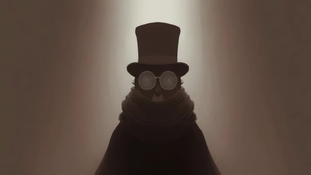 Mysterious silhouette of a top-hatted figure in foggy atmosphere