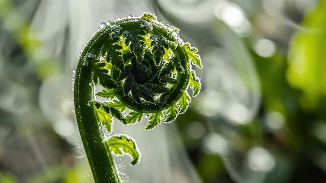 Unfurling Fern Fiddlehead In Humid Green Light