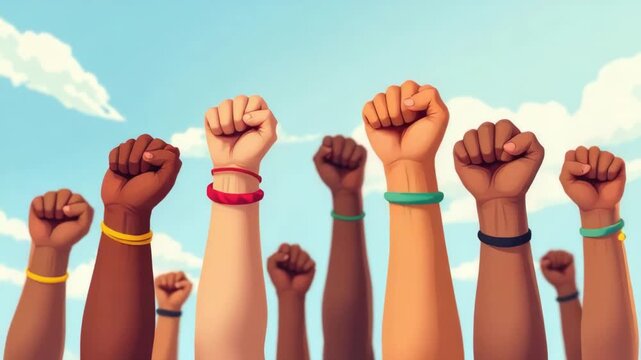 Unity and diversity: raised hands in solidarity against a clear blue sky