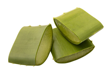 Fresh green stack of aloe vera sliced isolated on transparent background