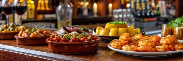 Delicious Selection of Traditional Spanish Tapas on a Rustic Bar