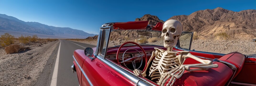 Skeleton in a Red Vintage Convertible Driving through the Desert