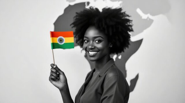 Smiling woman holding indian flag in front of africa map