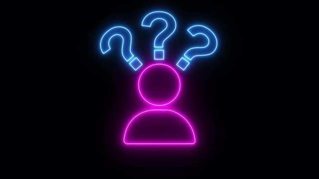 Neon person icon with glowing blue question marks, confusion concept