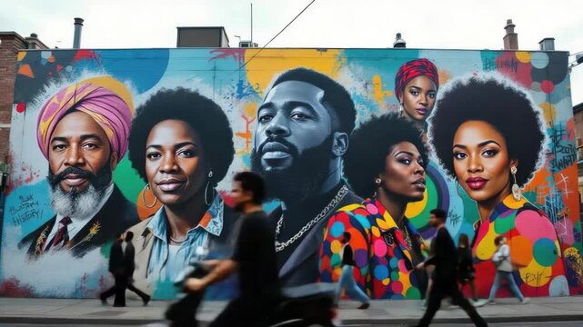 Vibrant urban mural celebrating african heritage in a busy city street