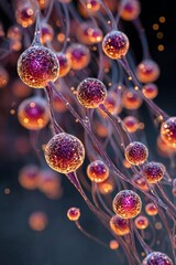 A macro view of glowing spherical nano particles connected by delicate filaments, illuminated with warm light against a dark background, evoking a biological or medical concept.