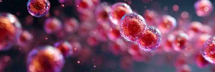 A macro view of glowing spherical cells with vibrant red and purple hues, suggesting a biological or medical nanotechnology concept.