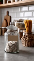 Glass Storage Jar with Blank Tag and Spaghetti in Rustic Kitchen