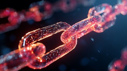 Close-up view of a glowing, interconnected chain rendered in a digital, abstract style