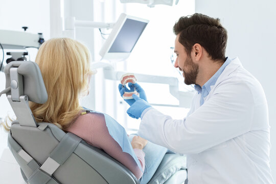 Beraded man dentist showing jow miniature to female patient sitting in dental chair, side view. Male doctor showing blonde woman attending dental clinic how to take care about teeth and gums