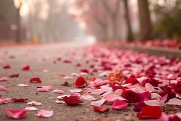 Rose Petals Scattered on a Serene Pathway in a Park