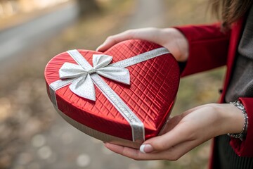 Woman Holding Red Heart-Shaped Gift Box with Silver Ribbon Outdoors