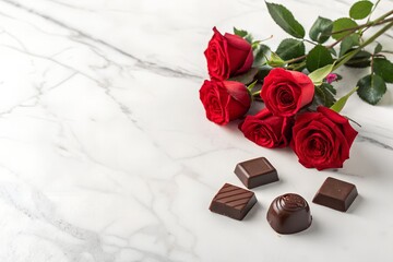 Red Roses and Chocolate on White Marble Surface