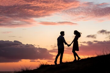 Silhouette of Loving Couple Holding Hands at Sunset