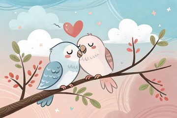 Lovely Birds Kissing on Branch with Heart and Leaves