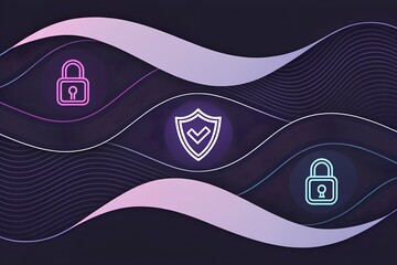 Security Icons on Wavy Lines, Purple and Pink Background
