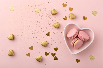 Pink Macarons in Heart-Shaped Bowl with Gold Hearts and Confetti