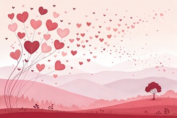 Heart Balloons Floating Over Pink Landscape with Mountains and Tree
