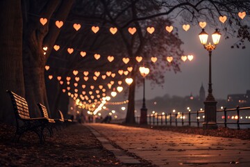 Romantic Evening Stroll with Heart-Shaped Lights and Benches