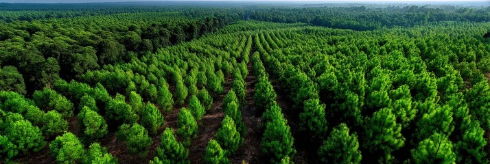 Aerial View of Sustainable Pine Forest Plantation in Neat Rows