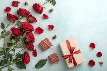 Red Roses and Gift Boxes on Light Blue Background for Valentine's Day
