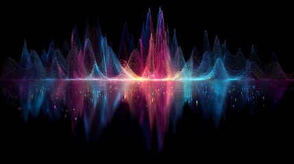 Colorful abstract illustration of wave-like structures and reflections against a black background
