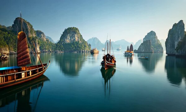 Traditional Vietnamese boats sailing through Ha Long Bay limestone islands in calm cinematic travel video background