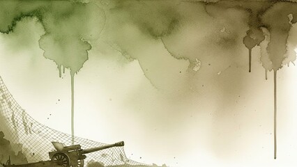Camouflaged artillery cannon under net with watercolor effect — ideal for military equipment, battlefield concealment and artistic war theme content.