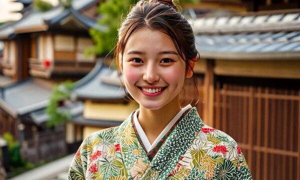 Young Japanese Woman Smiling in Traditional Kyoto Street, Showcasing Authentic Cultural Lifestyle and Peaceful Travel Experience in Japan