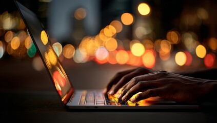 In a night setting, a person types on a laptop keyboard with a blurred, colorful light background, representing modern office work and abstract technology‑driven business solutions