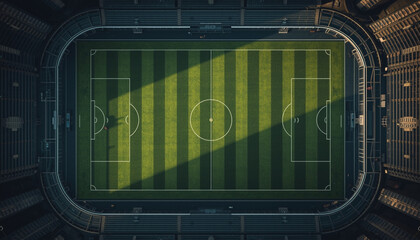 World Cup: An aerial view of a green soccer field with white markings in a stadium