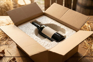 Premium Wine Bottle in Biodegradable Mycelium Protective Packaging &ndash; Sustainable Vineyard Concept.