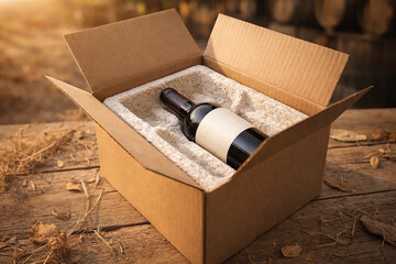 Premium Wine Bottle in Biodegradable Mycelium Protective Packaging &ndash; Sustainable Vineyard Concept.