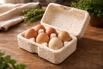Biodegradable Mycelium Egg Carton with Fresh Eggs on a Rustic Kitchen Counter &ndash; Sustainable Living.