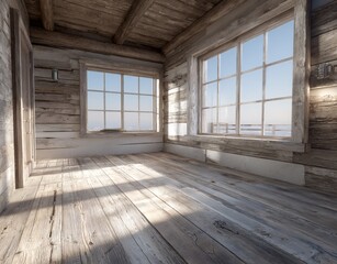 A vacant log cabin interior features natural wood walls and floors, with sunlight pouring through windows to brighten the rustic space, ideal for custom d&eacute;cor and suited to retreats or lodge