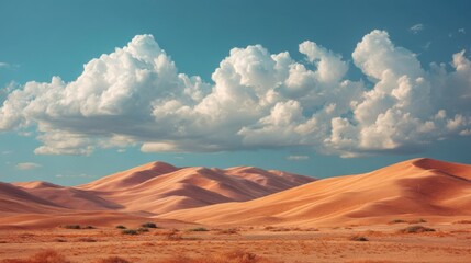 Naklejka premium Majestic desert landscape with rolling sand dunes and fluffy clouds.