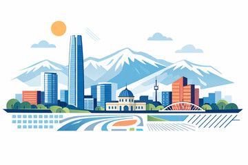 Obraz premium Vector Illustration of Contemporary Santiago de Chile with Modern Buildings and the Andes Mountains on a White Background