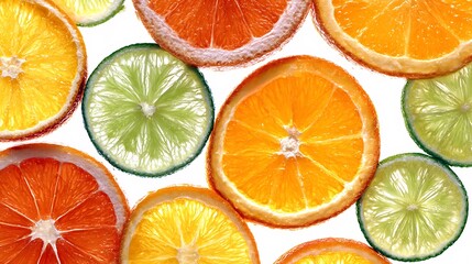 Obraz premium Colorful, translucent fruit slices arranged on a white background, highlighting freshness