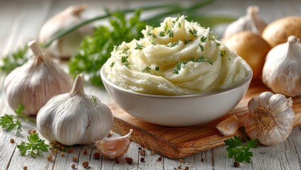 A bowl holds creamy mashed potatoes, topped with parsley and chives, while garlic bulbs and fresh greens lie on a wooden table, hinting at a wholesome home meal