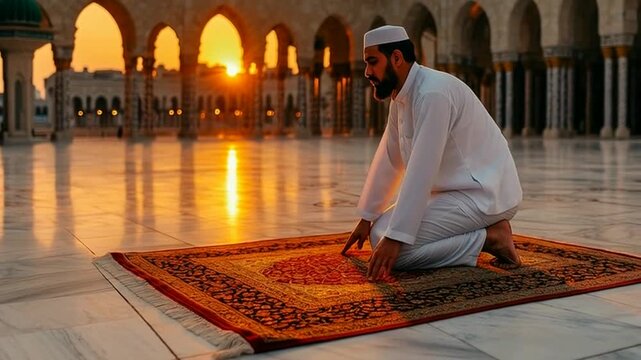 Man in white praying on ornate rug at sunset