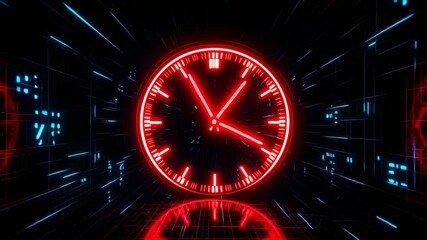 Neon clock speeding through futuristic digital tunnel - Powered by Adobe