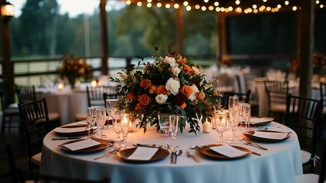Elegant wedding reception table with floral centerpiece and string lights
