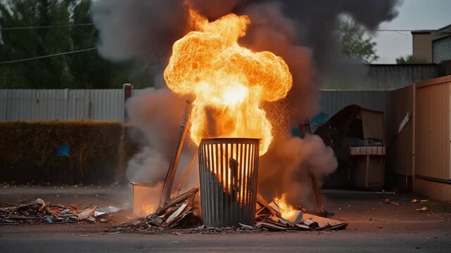 Urban trash can exploding with fire and smoke