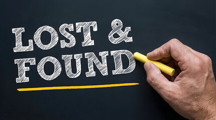 A human hand writes the words Lost and Found in white chalk on a dark black chalkboard surface with a bright yellow underline under clear lighting
