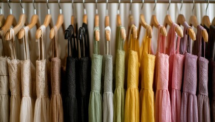 Black dresses on hangers join a row of long garments in neutral earth tones, featuring floor‑length gowns in terracotta, olive green, beige, and cream that offer sophisticated style choices, with