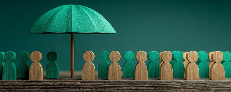 Under an open orange umbrella, bright paper figures unite, signifying group protection and security for team members and illustrating the life and health benefit idea