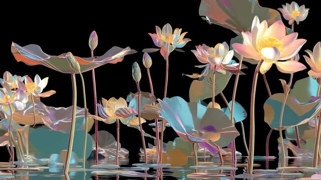 Crystal opal lotus flowers floating on water cinematic abstract video for luxury branding, wellness visuals, meditation, and artistic backgrounds