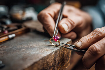 Jewelry maker crafts ring with red stone in workshop while using tools on wooden table during afternoon hours